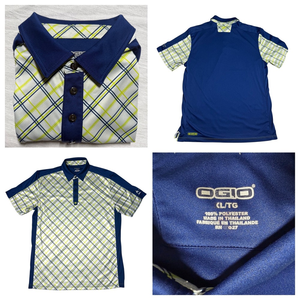 OGIO The Farms Golf Club Polo Shirt Men Large Blue Green Plaid Performance Golf
